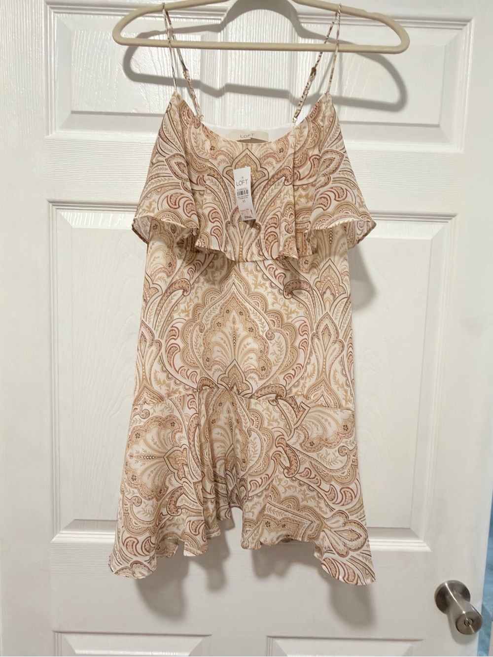 LOFT Cream and Beige Paisley Ruffle Mini Dress